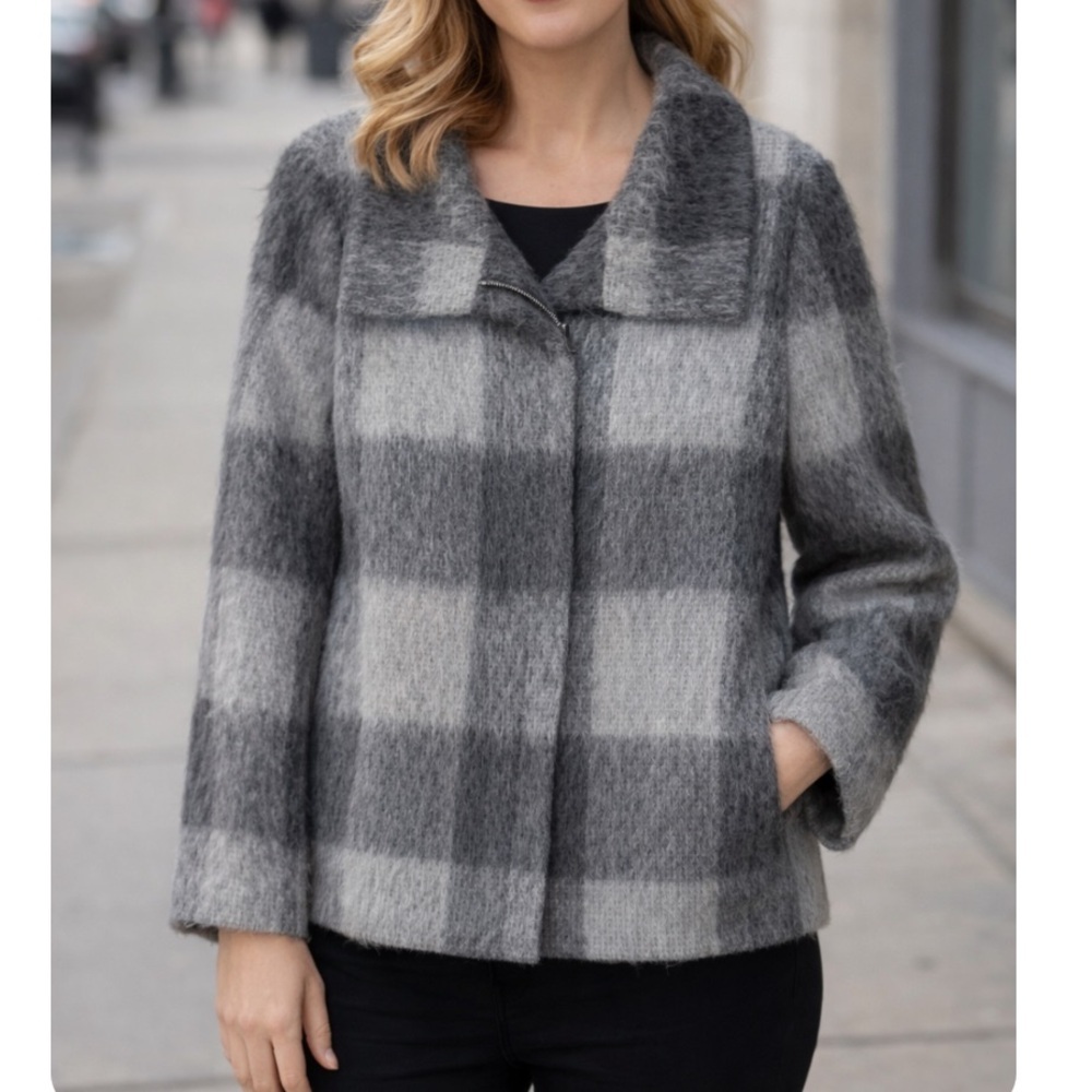 Talbots Wool And Alpaca Gray Plaid Teddy Jacket